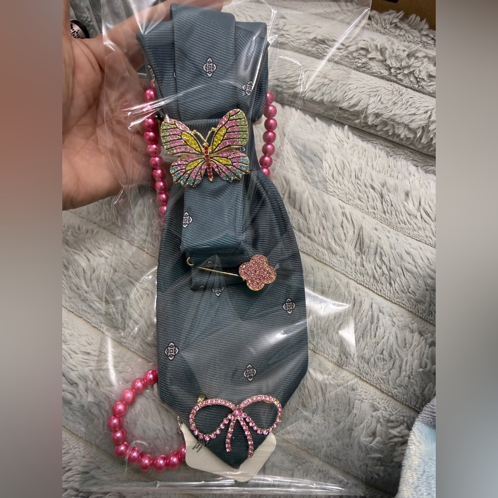 Upcycle Elegant Pink and Gray butterfly tie necklace